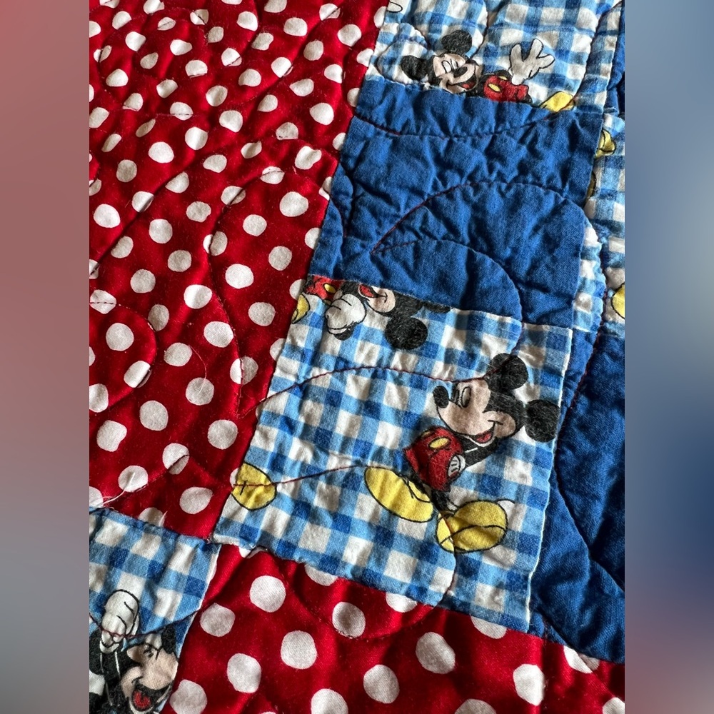 Mickey Mouse Handmade Patchwork Square Baby Quilt Nursery Blue Red Polka Dot 29” - Picture 3 of 6